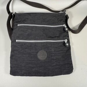 Kipling Alvar Crossbody Bag Black Nylon Multi Zip Messenger Travel Sling